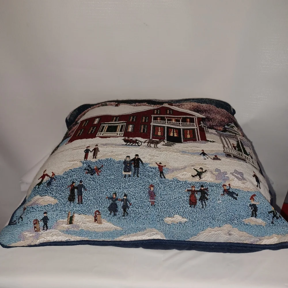 Holiday Tapestry Pillow with Winter Scene 16x16 Christmas Decor